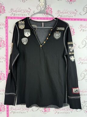 Alp N Rock long sleeve shirt Black Patch Embellished ski Henley Gold Accents